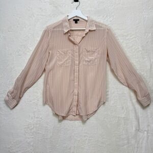 Ann Taylor Button Down Shirt Womens S Pink Silk Striped Long Sleeve Blouse